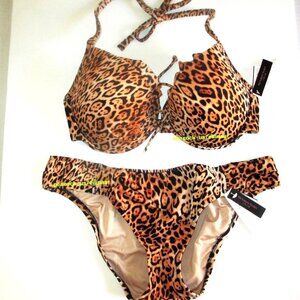 38C/XL VICTORIA SECRET Swim Push-Up Top Bikini Set Knockout Bottom Leopard ruffl